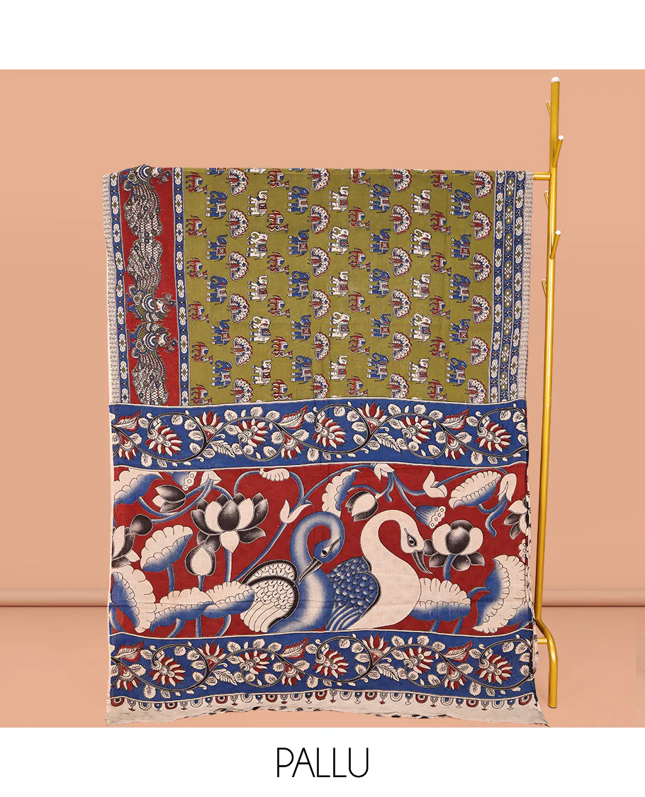 Green Machine-Printed Kalamkari Cotton Saree, Accentuated with Peacock, Elephant, and Camel Motifs  on Its Body, Complemented by a Contrast Border of Peacock Print, Pallu of Leaf Print, and Paired with a Printed Blouse - Image 2