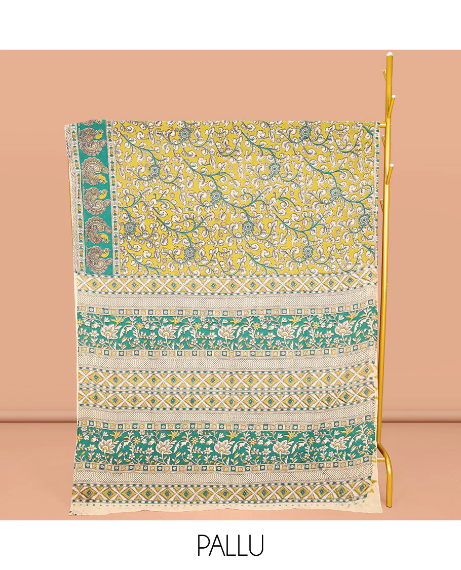 Green Machine-Printed Kalamkari Cotton Saree, Embellished with Floral Vine on Its Body, Complemented by a Contrast Border of Peacock Print, Pallu of Floral-Geometric Print, and Paired with a Matching Blouse - Image 2