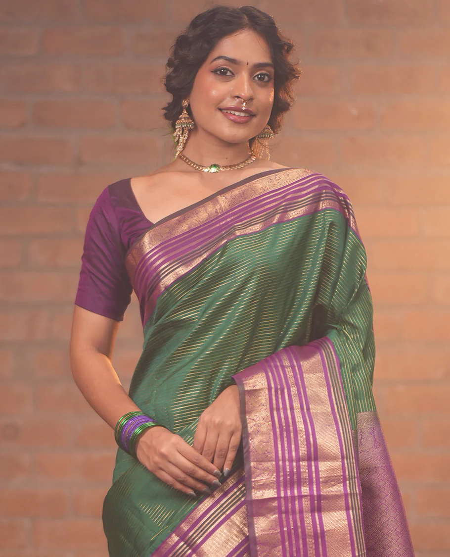 Green-Magenta Vasundhara Silk Saree Features Veldhari and Muthu Stripes, Contrast Border of Muthu,Lavangam,Neli,Mayil Kann, and Mayil, Grand Pallu, and Contrast Blouse - Image 3