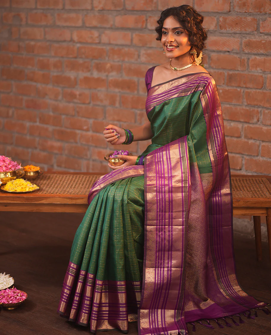 Green-Magenta Vasundhara Silk Saree Features Veldhari and Muthu Stripes, Contrast Border of Muthu,Lavangam,Neli,Mayil Kann, and Mayil, Grand Pallu, and Contrast Blouse - Image 4