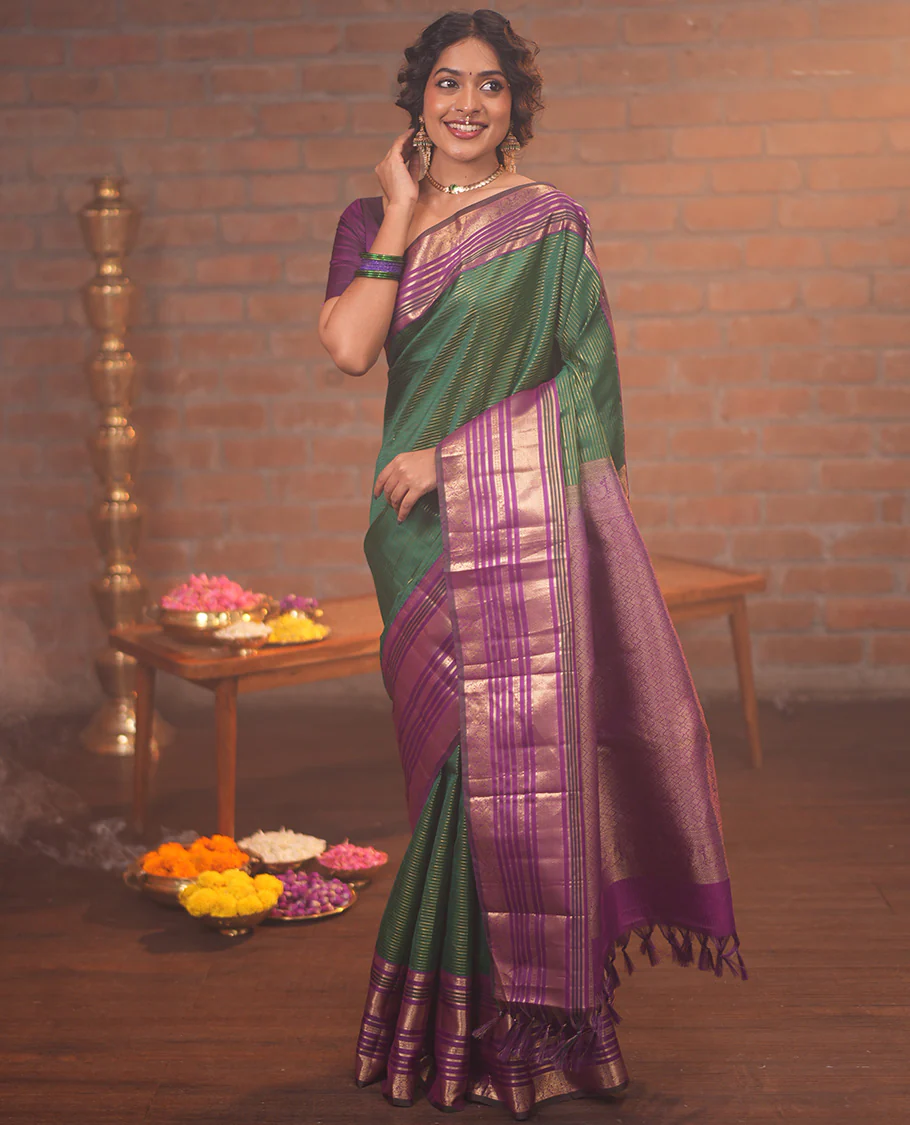 Green-Magenta Vasundhara Silk Saree Features Veldhari and Muthu Stripes, Contrast Border of Muthu,Lavangam,Neli,Mayil Kann, and Mayil, Grand Pallu, and Contrast Blouse - Image 5