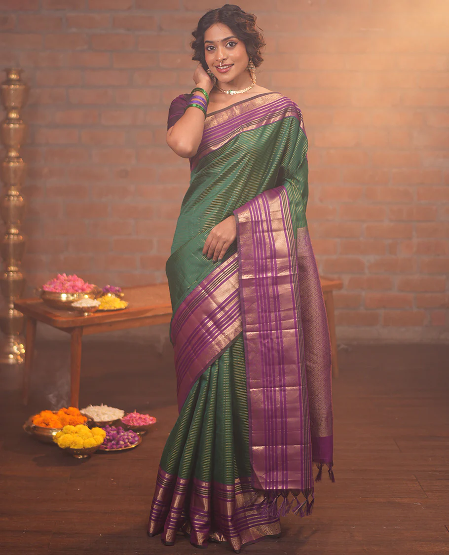 Green-Magenta Vasundhara Silk Saree Features Veldhari and Muthu Stripes, Contrast Border of Muthu,Lavangam,Neli,Mayil Kann, and Mayil, Grand Pallu, and Contrast Blouse - Image 6