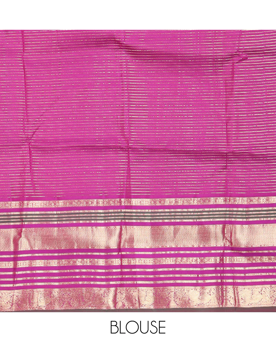 Green-Magenta Vasundhara Silk Saree Features Veldhari and Muthu Stripes, Contrast Border of Muthu,Lavangam,Neli,Mayil Kann, and Mayil, Grand Pallu, and Contrast Blouse - Image 7