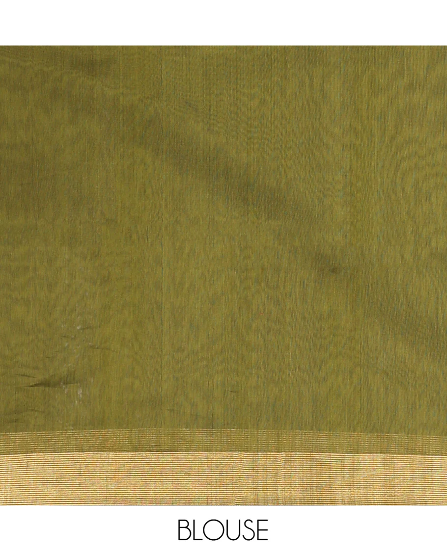 Green Maheshwari Cotton Saree, Beautifully Bedecked with Buttas All Over Its Body, Highlighted by a Zari Traditional Design Border, Pallu Gleamed Up with Zari Stripes, and Paired with a Matching Blouse - Image 5