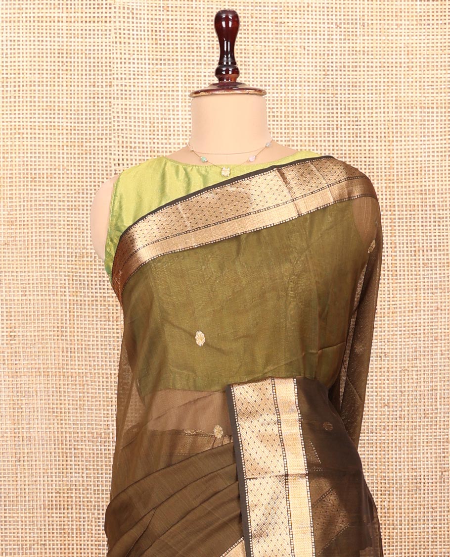 Green Maheshwari Cotton Saree, Decorated with Buttas All Over Its Body, Highlighted by a Zari Traditional Design Border, Pallu Steeped with Buttas, and Paired with a Matching Blouse - Image 2