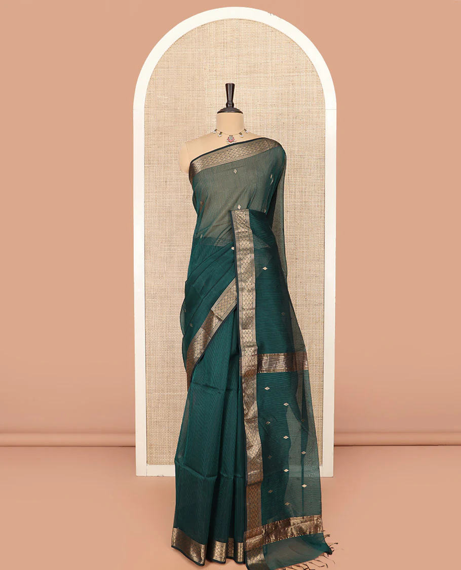 Green Maheshwari Cotton Saree Decorated with Diamond Zari Buttas, Highlighted with Traditional Zari Design Border, Pallu Steeped with Diamond Motifs, and Paired with a Matching Blouse - Image 3