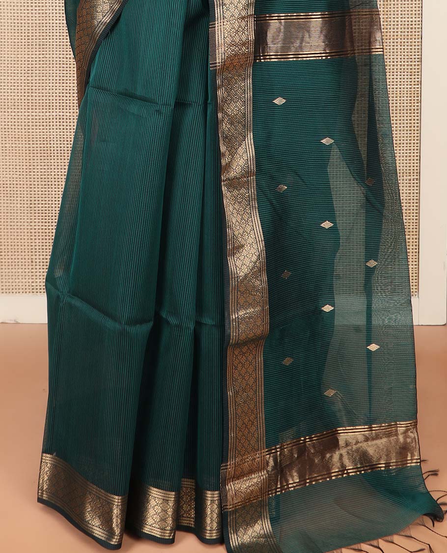 Green Maheshwari Cotton Saree Decorated with Diamond Zari Buttas, Highlighted with Traditional Zari Design Border, Pallu Steeped with Diamond Motifs, and Paired with a Matching Blouse - Image 4