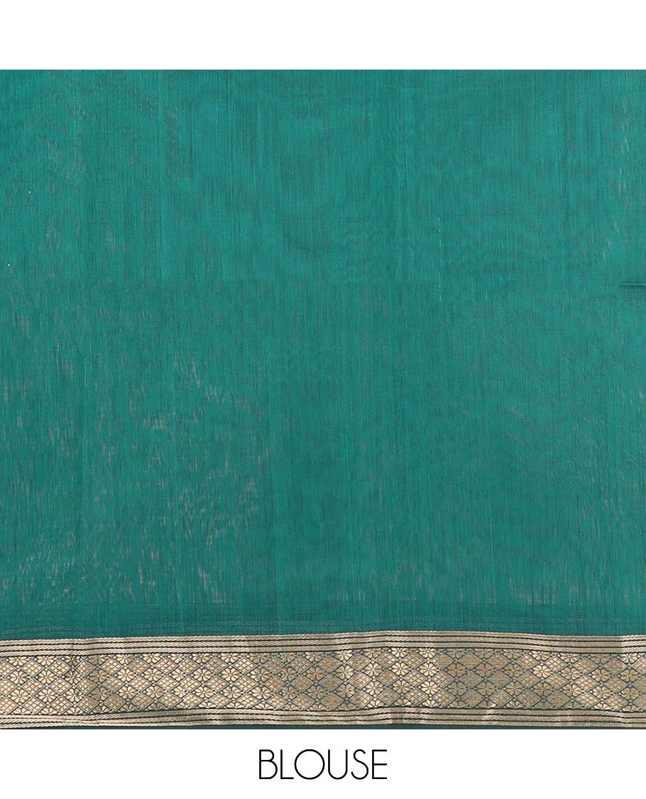 Green Maheshwari Cotton Saree Decorated with Diamond Zari Buttas, Highlighted with Traditional Zari Design Border, Pallu Steeped with Diamond Motifs, and Paired with a Matching Blouse - Image 5