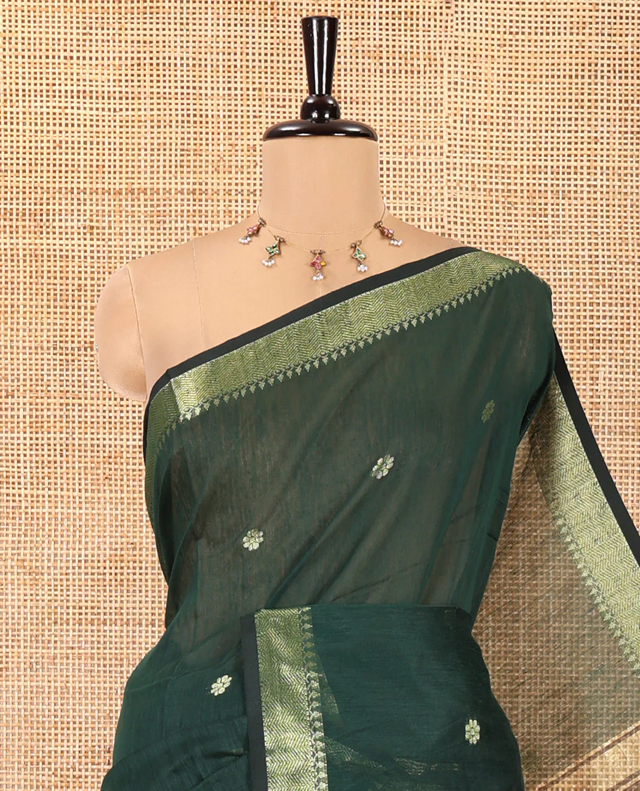 Green Maheshwari Cotton Saree, Flower Buttas All Over Its Body, Highlighted by Zari Border, Pallu of Contrast Floral Buttas, and a Contrast Blouse - Image 2