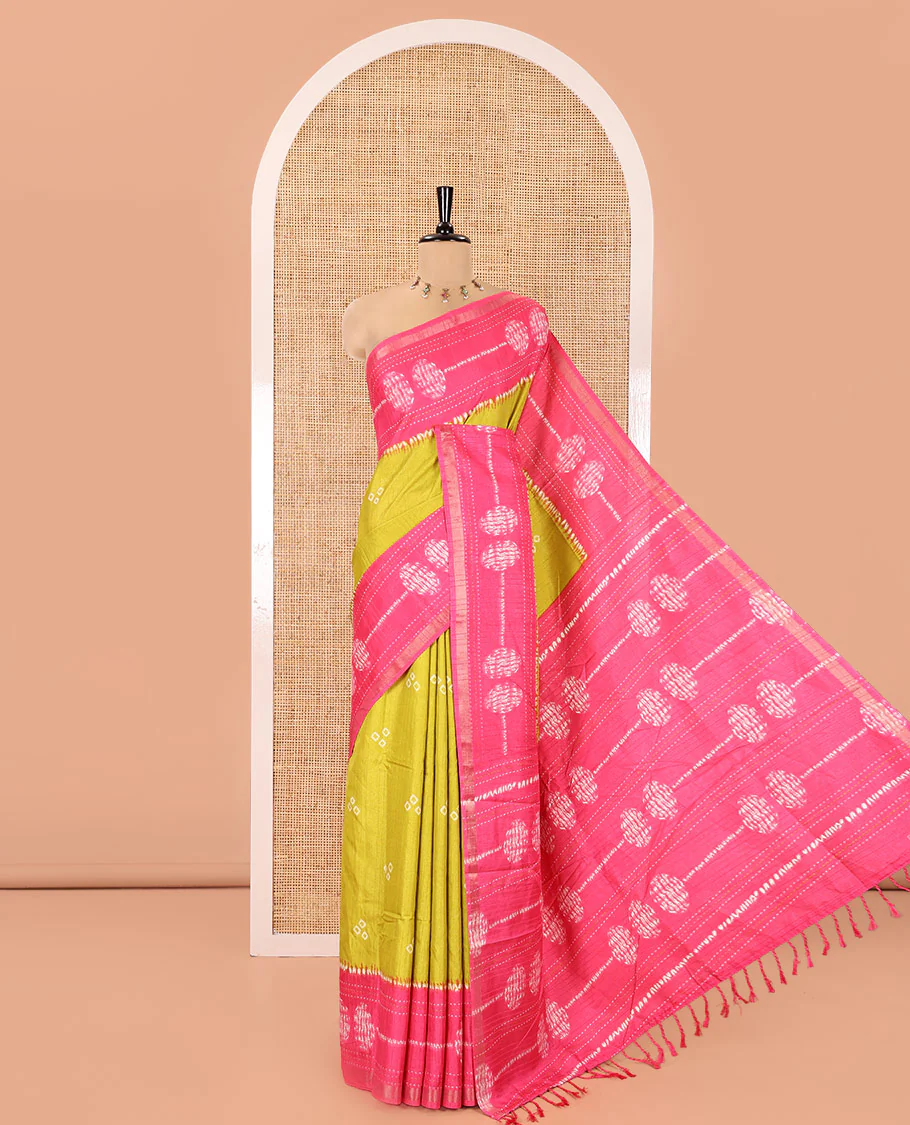Green Manipuri Silk Saree, Elevated with Bandhani Buttas on Its Body, Complemented by a Contrast Border of Shibori Print and Kantha Thread Work, Pallu of Shibori Print, and Paired with a Contrast Blouse