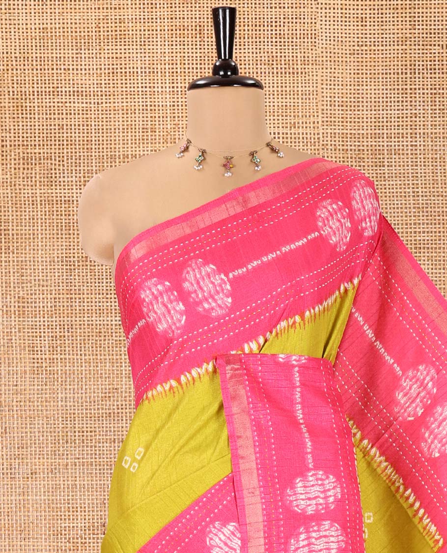 Green Manipuri Silk Saree, Elevated with Bandhani Buttas on Its Body, Complemented by a Contrast Border of Shibori Print and Kantha Thread Work, Pallu of Shibori Print, and Paired with a Contrast Blouse - Image 2