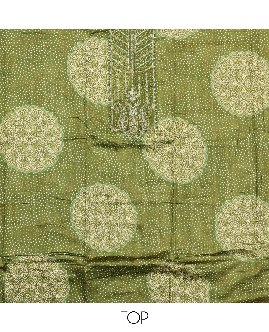 Green Material Chudidar Set, Accentuated with Bandhani Dot Printed and Embroidery on Rayon Top, a Rayon Bottom, and Paired with Contrast Intricately Printed Cotton Dupatta - Image 2