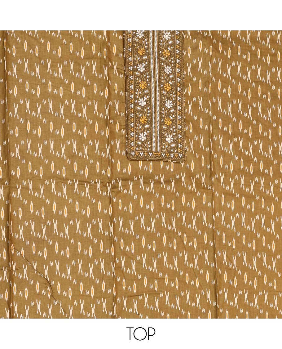 Green Material Chudidar Set, Adorned with Ikkat-Style Buttas Printed and Neck Embroidery Cotton Top, Complemented by Contrast Printed Cotton Bottom, and Paired with Ikkat-Style Printed Cotton Dupatta - Image 2