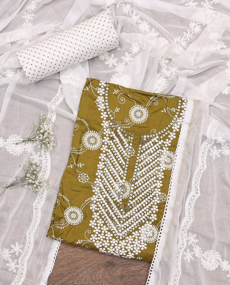 Green Material Chudidar Set, Elevated with Intricately Printed and Neck Embroidery  Rayon Top, a Contrast Polka Dot Printed Bottom, and Paired with Embroidered Chiffon Dupatta