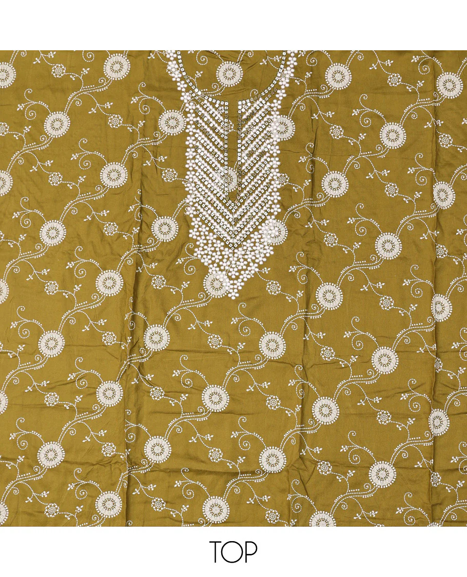 Green Material Chudidar Set, Elevated with Intricately Printed and Neck Embroidery  Rayon Top, a Contrast Polka Dot Printed Bottom, and Paired with Embroidered Chiffon Dupatta - Image 2