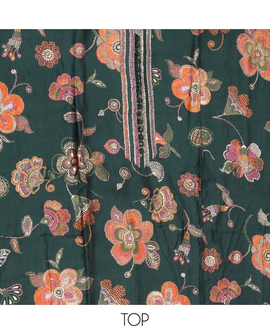 Green Material Chudidar Set, Enriched with Meenakari-Style Floral Printed Rayon Top, Complemented by Contrast Plain Rayon Bottom, and Paired with Sequins and Thread Embroidered Chanderi Silk Dupatta - Image 2