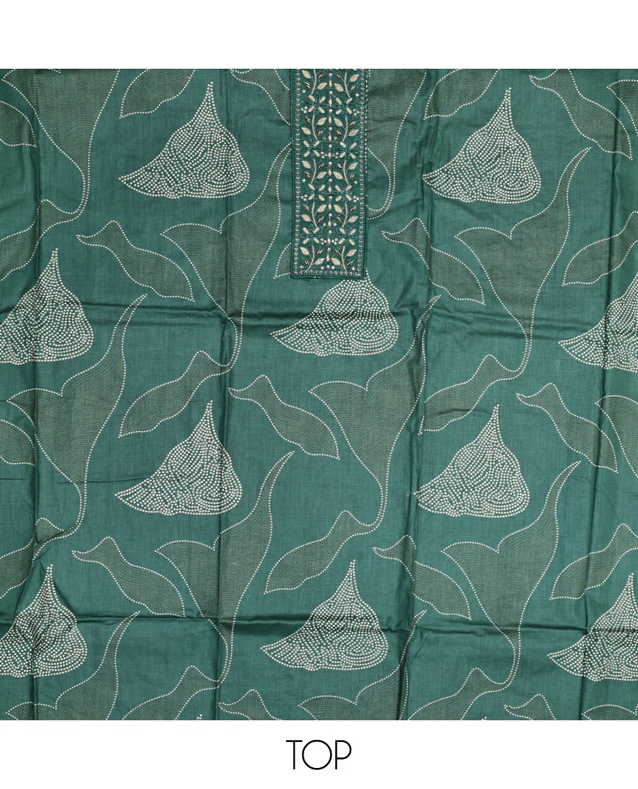 Green Material Chudidar Set, Mesmerized with Abstract Print and Neck Embroidered Cotton Top, a Printed Cotton Bottom, and Paired with a Ikkat-Style Geometric Printed Cotton Dupatta - Image 2
