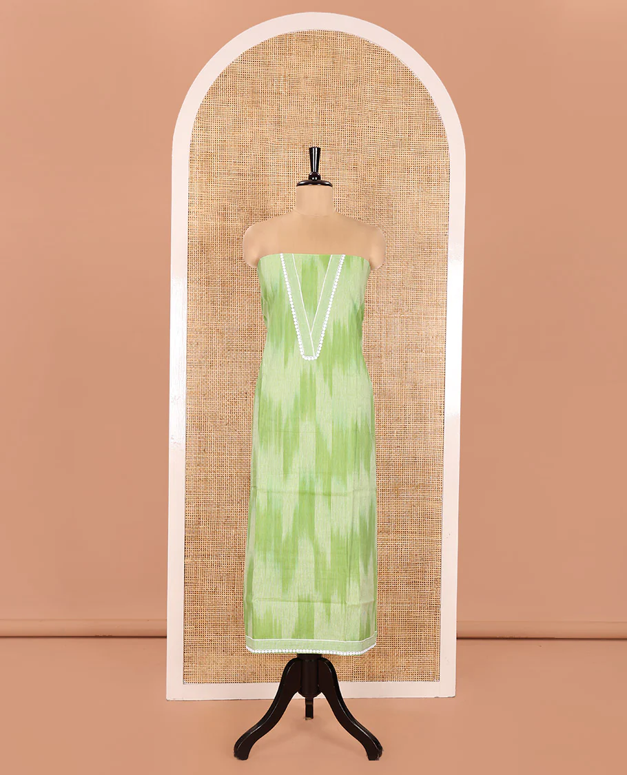 Green Material Chudidhar Set Featuring Delicately Ikkat Woven Handloom Cotton Top, Plain Cotton Bottom, and Handloom Cotton Ikkat Textured Dupatta - Image 4