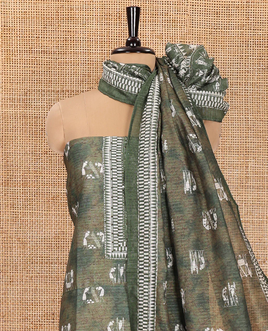 Green Material Churidar Set, Artfully Designed with Warli Motifs Printed on Chanderi Top, Comes with a Plain Santoon Bottom, and Is Paired with a Chanderi Dupatta Featuring Warli-Village Themed Motifs Print - Image 3