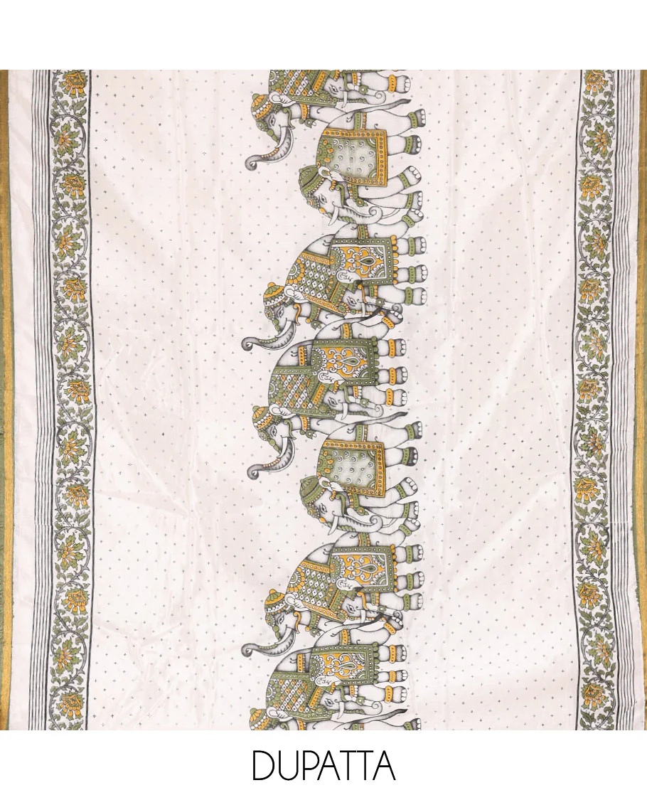 Green Material Churidar Set, Decked Up with Zari Checked Semi-Silk Top, Comes with a Contrast Plain Soft Cotton Bottom, and a Contrast Semi-Silk Dupatta, Pictures a Herd of Elephants - Image 2