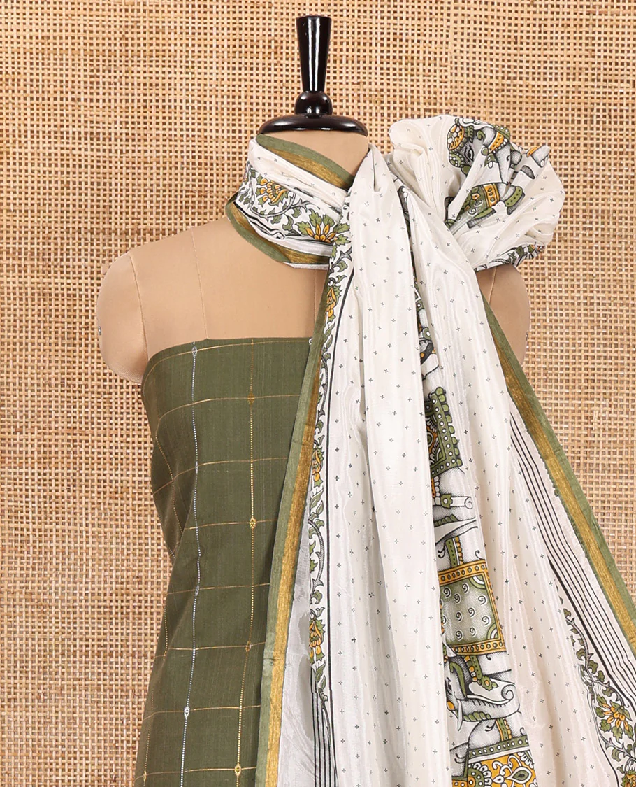 Green Material Churidar Set, Decked Up with Zari Checked Semi-Silk Top, Comes with a Contrast Plain Soft Cotton Bottom, and a Contrast Semi-Silk Dupatta, Pictures a Herd of Elephants - Image 3