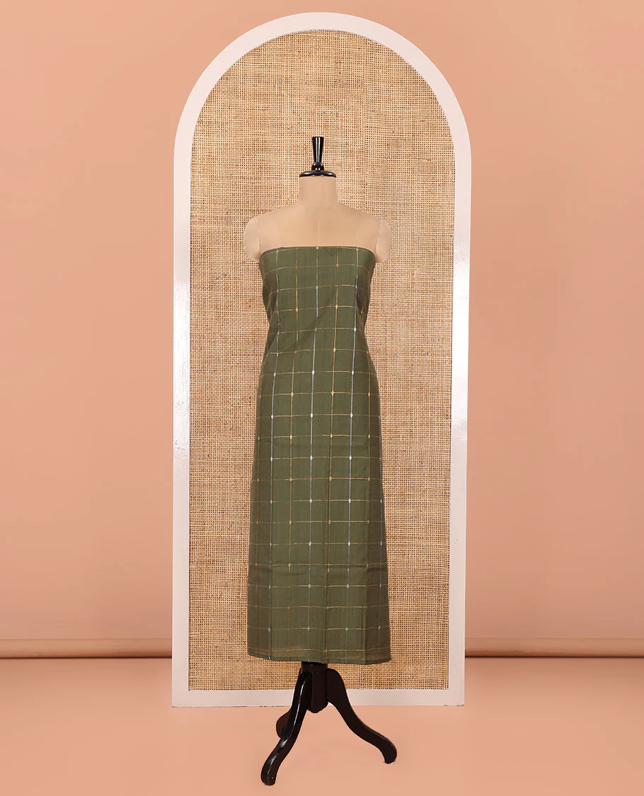 Green Material Churidar Set, Decked Up with Zari Checked Semi-Silk Top, Comes with a Contrast Plain Soft Cotton Bottom, and a Contrast Semi-Silk Dupatta, Pictures a Herd of Elephants - Image 4