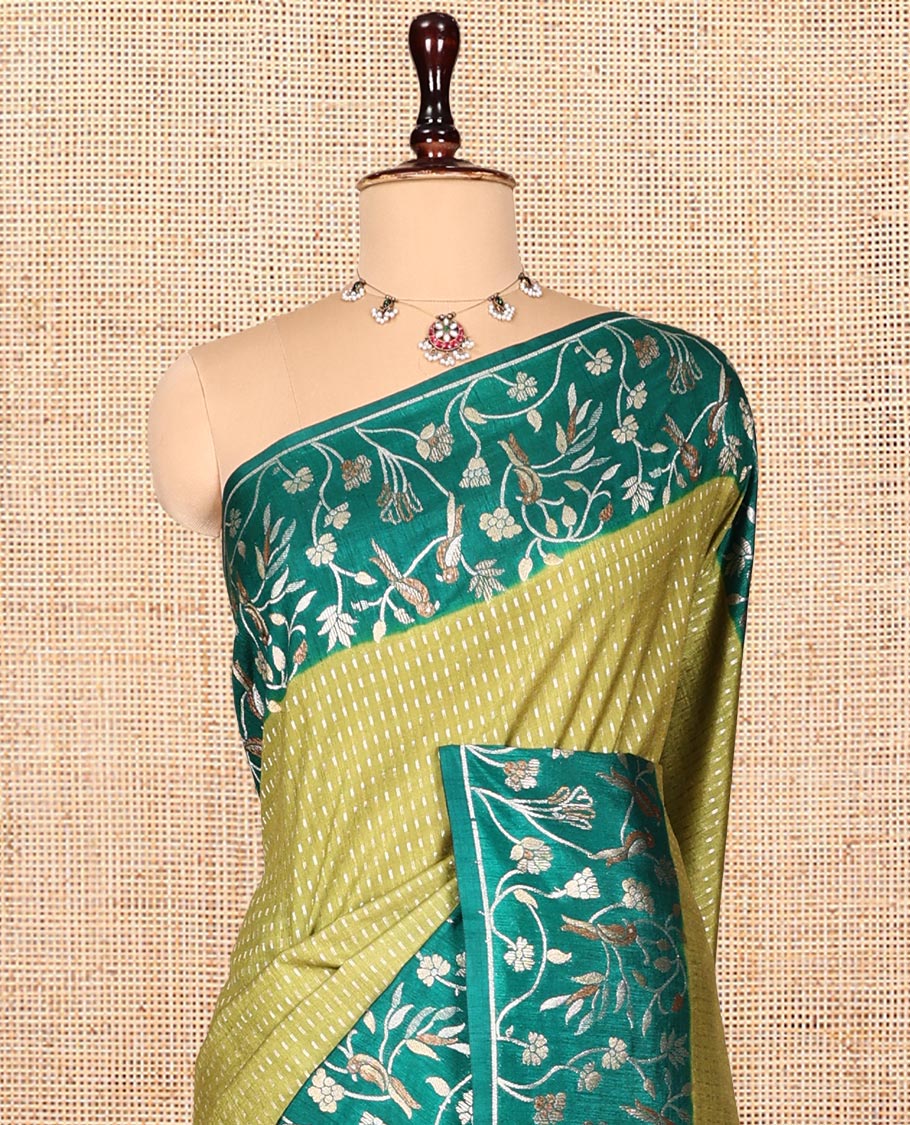 Green Matka Silk Saree, Finely Crafted with Buttas on Its Body, Complemented by Contrast Floral Vine and Bird Design Border, Pallu of Floral Vine and Bird Design, and Paired with a Contrast Blouse - Image 2