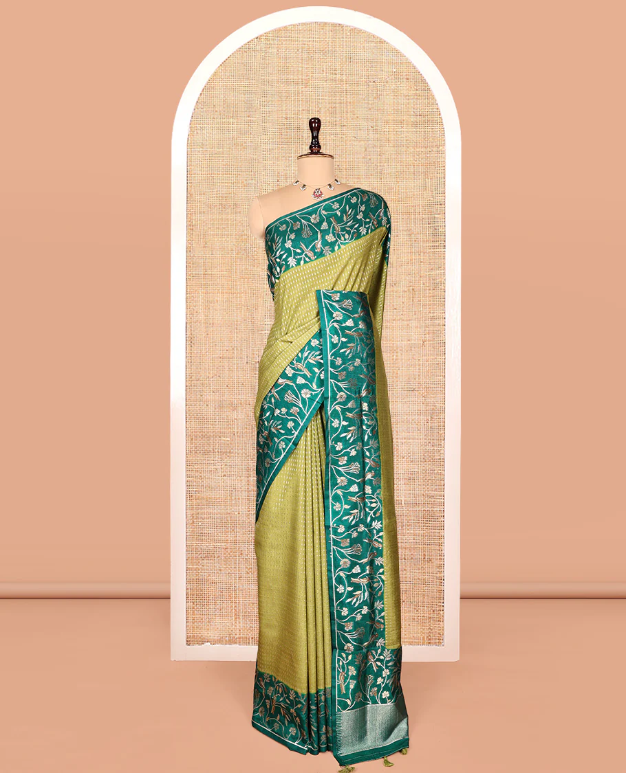 Green Matka Silk Saree, Finely Crafted with Buttas on Its Body, Complemented by Contrast Floral Vine and Bird Design Border, Pallu of Floral Vine and Bird Design, and Paired with a Contrast Blouse - Image 3