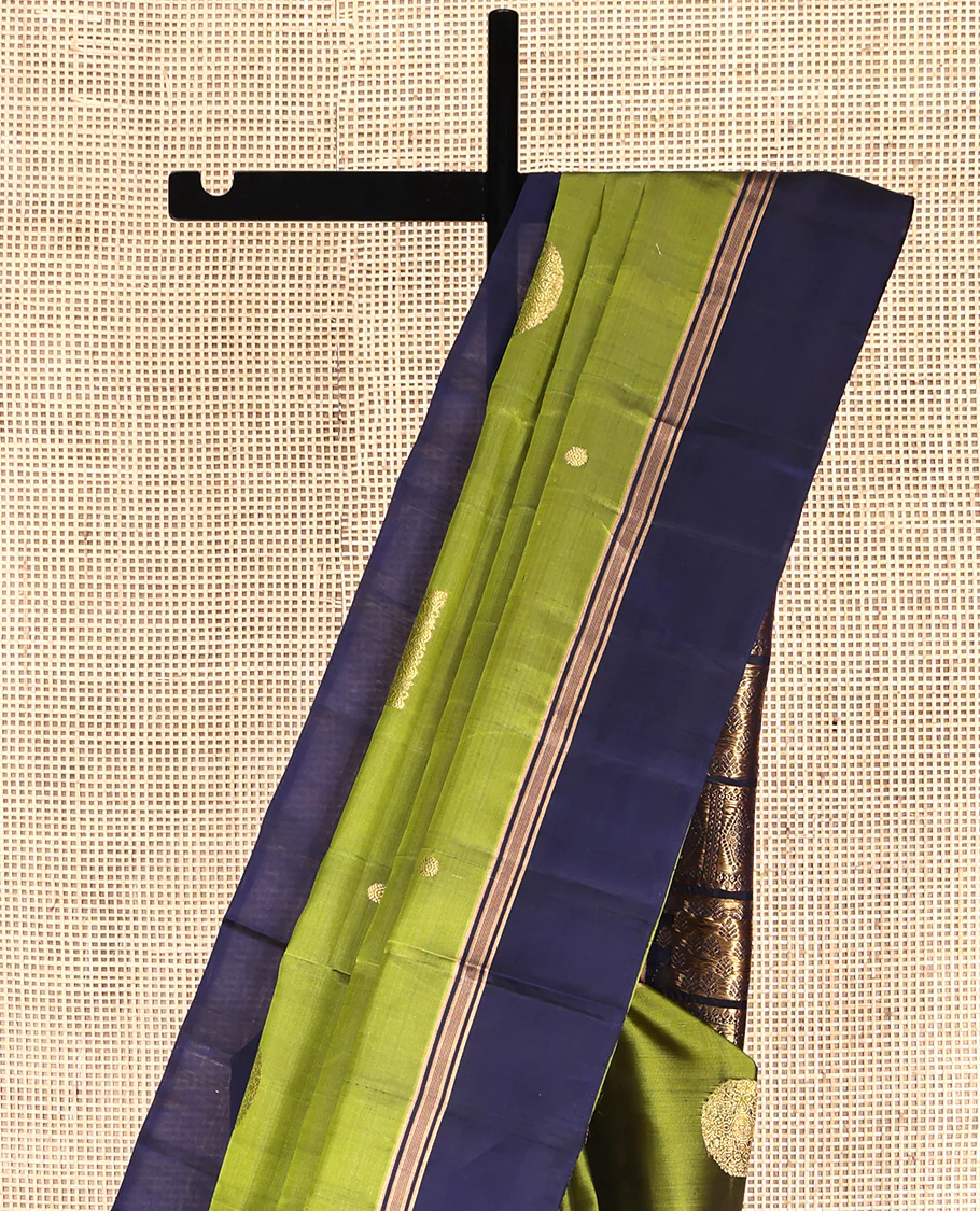 Green Mayuri Lite Silk Mix Saree, Gleamed Up with Square Buttas All Over Its Body, Complemented by Contrast Border, Intricately Designed Pallu, and Paired with a Contrast Blouse - Image 3