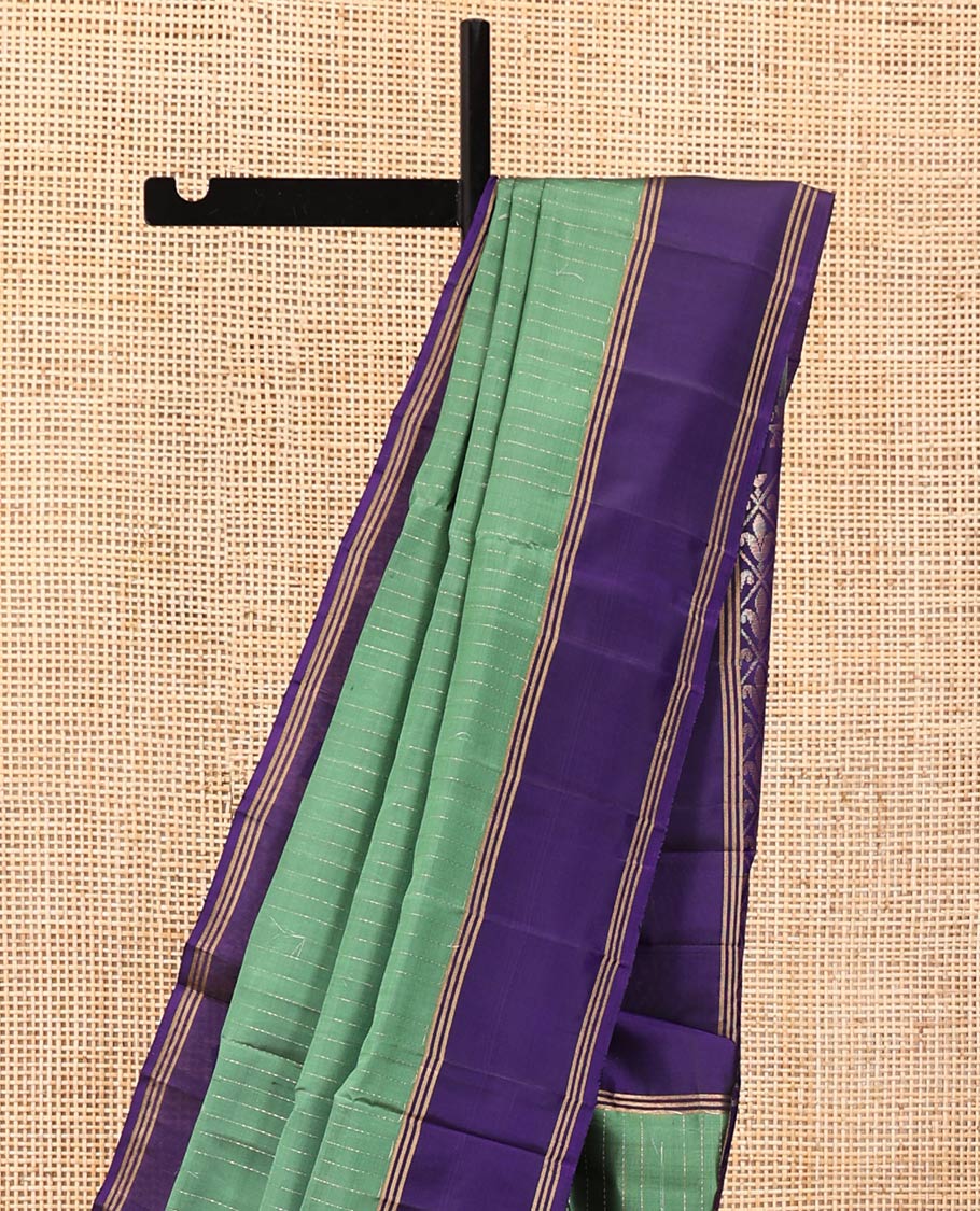 Green Mayuri Lite Silk Mix Saree, Sparsely Sparkled with Muthu Stripes on Its Body, Complemented by a Contrast Border, Jaal Pallu, and Paired with a Contrast Blouse - Image 3