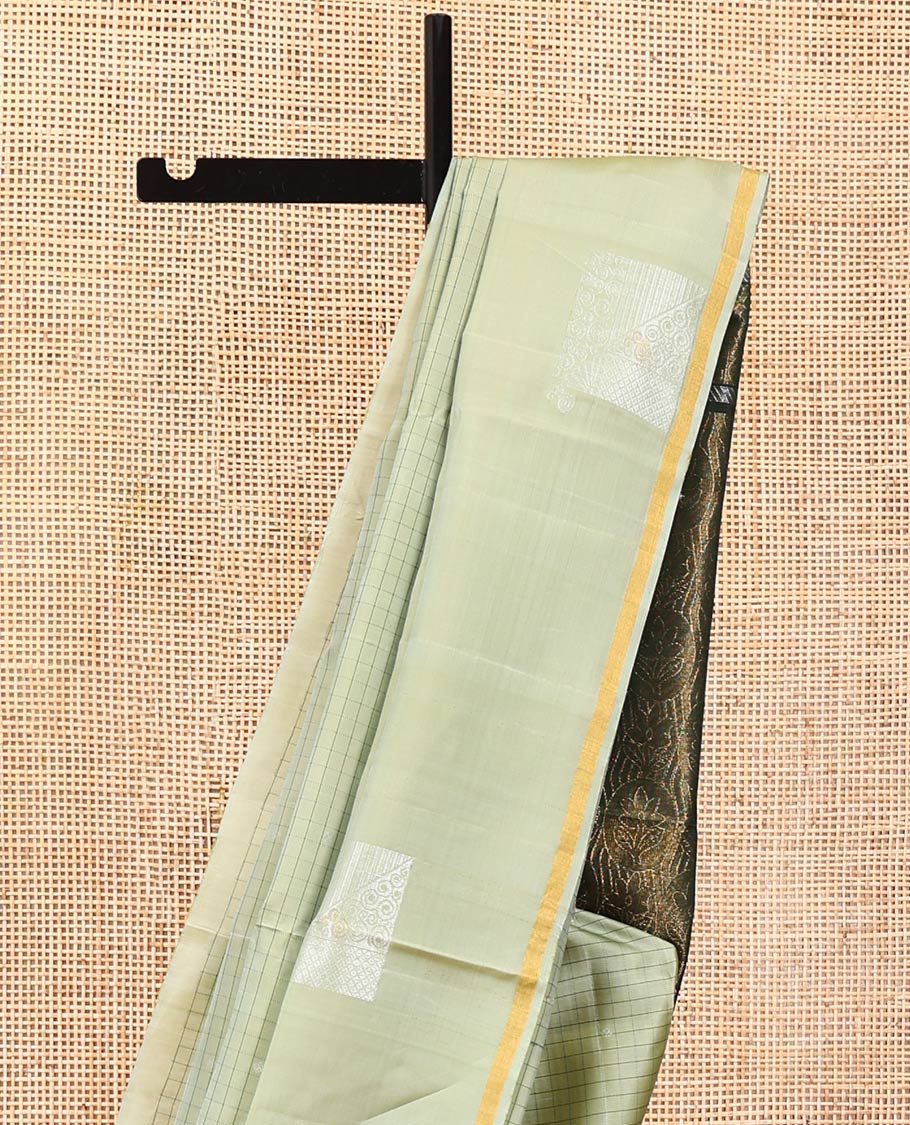 Green Mayuri Lite Silk Mix Saree, Sparsely Woven with Checks on Its Body, Highlighted by Self-Border, Complemented by a Contrast Pallu of Floral Designs, and Paired with a Contrast Blouse - Image 3