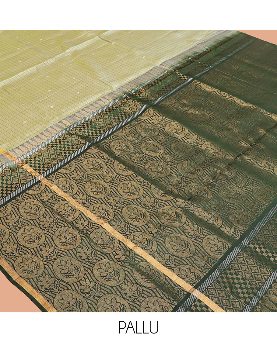 Green Mayuri Lite Silk Mix Saree, Sparsely Woven with Checks on Its Body, Highlighted by Self-Border, Complemented by a Contrast Pallu of Floral Designs, and Paired with a Contrast Blouse - Image 5