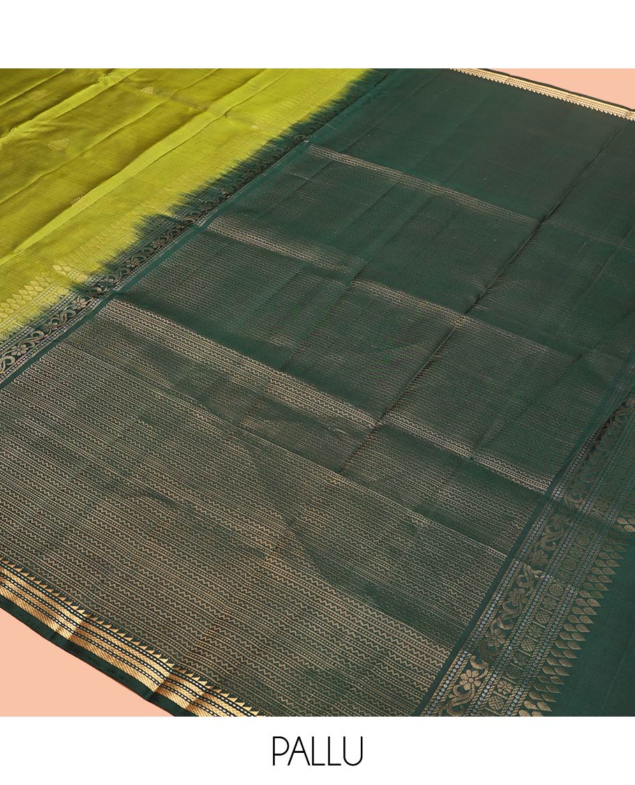 Green Mayuri Soft Silk Saree, Beautifully Bedecked with Zari Buttas All Over Its Body, Complemented by Contrast Border of Ara Bogudi, Muthu, Banaras, and Kathir Designs, Pallu of Neli, Muthu, and Banaras Designs, and Paired with Contrast Blouse - Image 5