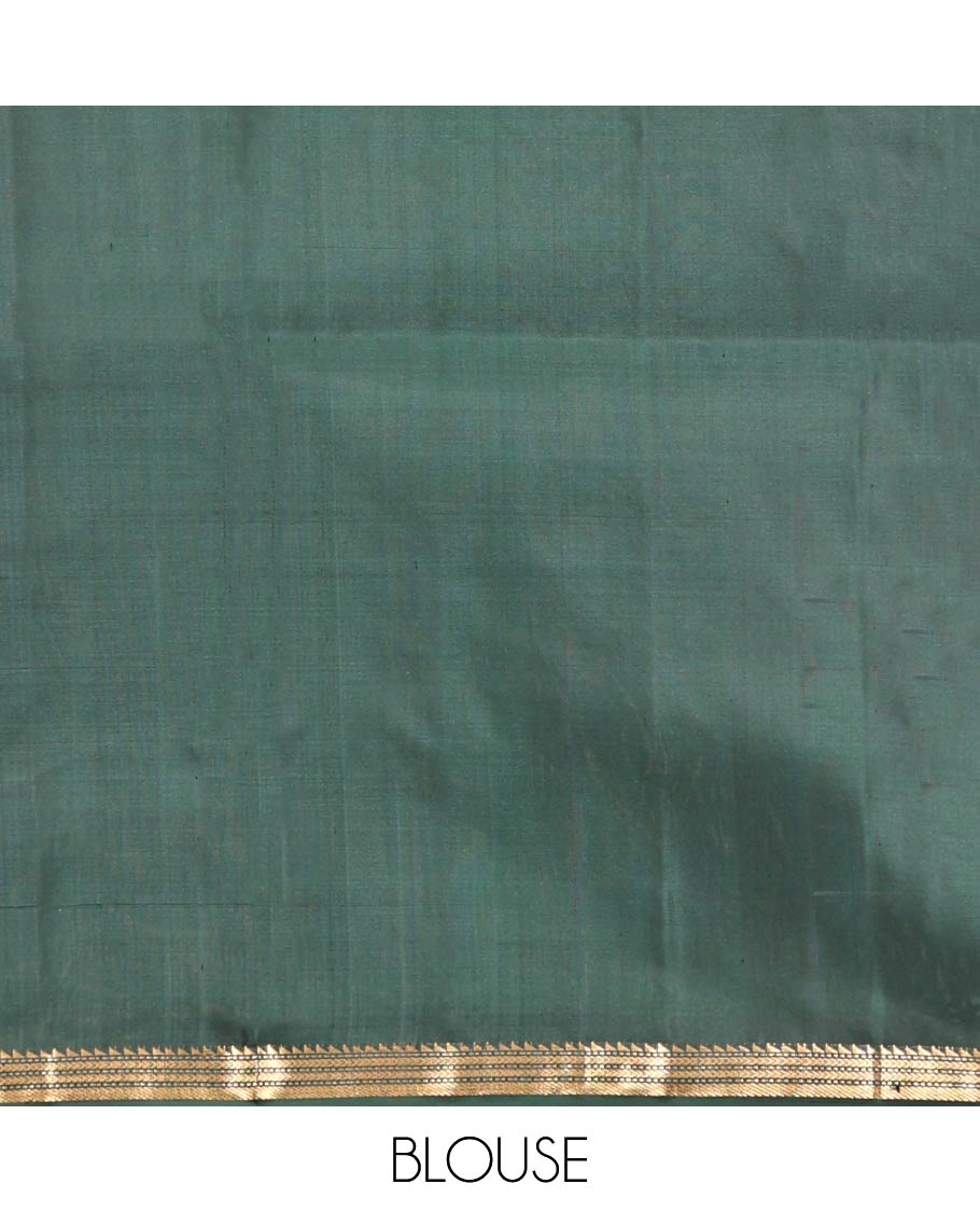 Green Mayuri Soft Silk Saree, Beautifully Bedecked with Zari Buttas All Over Its Body, Complemented by Contrast Border of Ara Bogudi, Muthu, Banaras, and Kathir Designs, Pallu of Neli, Muthu, and Banaras Designs, and Paired with Contrast Blouse - Image 6