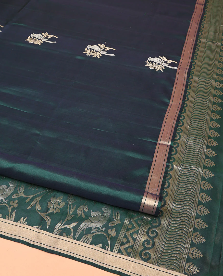 Green Mayuri Soft Silk Saree, Bedecked with Bird Buttas All Over Its Body, Highlighted by Zari Piping Border, Pallu of Floral Jaal and Bird Designs, and Paired with a Matching Blouse - Image 3