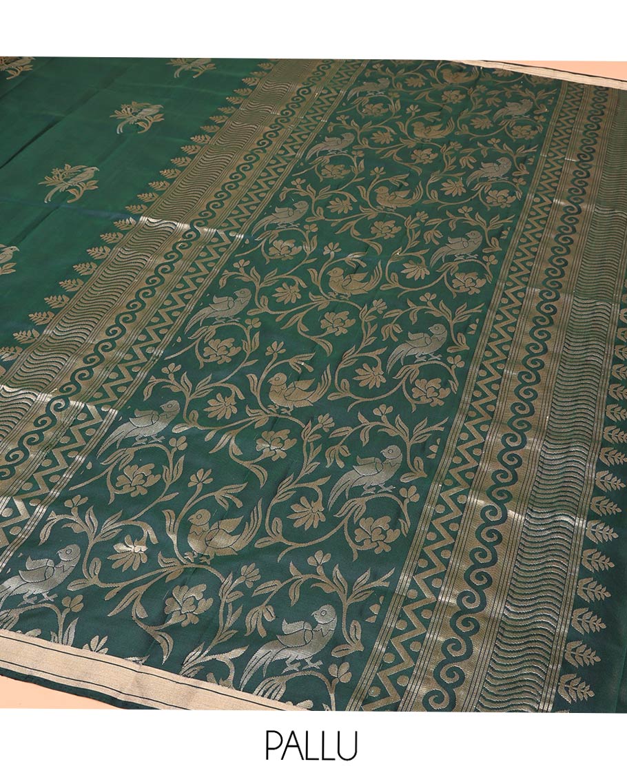 Green Mayuri Soft Silk Saree, Bedecked with Bird Buttas All Over Its Body, Highlighted by Zari Piping Border, Pallu of Floral Jaal and Bird Designs, and Paired with a Matching Blouse - Image 5