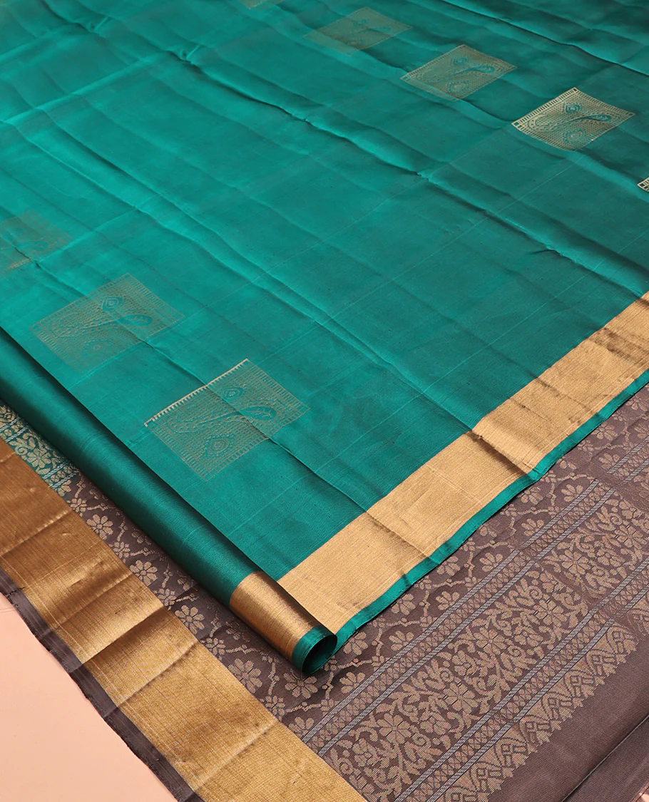 Green Mayuri Soft Silk Saree, Embellished with Buttas All Over the Body, Highlighted by a Zari  Bavanji Border, Contrast Intricately Designed Pallu, and Paired with a Contrast Blouse - Image 2