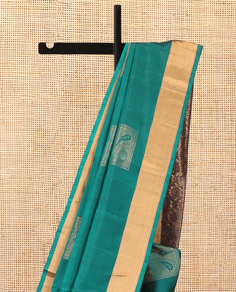 Green Mayuri Soft Silk Saree, Embellished with Buttas All Over the Body, Highlighted by a Zari  Bavanji Border, Contrast Intricately Designed Pallu, and Paired with a Contrast Blouse - Image 3
