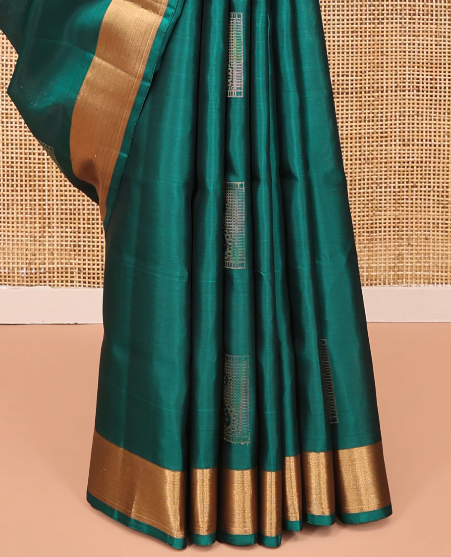 Green Mayuri Soft Silk Saree, Embellished with Buttas All Over the Body, Highlighted by a Zari  Bavanji Border, Contrast Intricately Designed Pallu, and Paired with a Contrast Blouse - Image 4