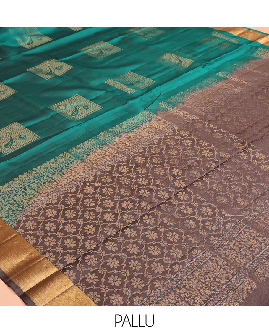 Green Mayuri Soft Silk Saree, Embellished with Buttas All Over the Body, Highlighted by a Zari  Bavanji Border, Contrast Intricately Designed Pallu, and Paired with a Contrast Blouse - Image 5