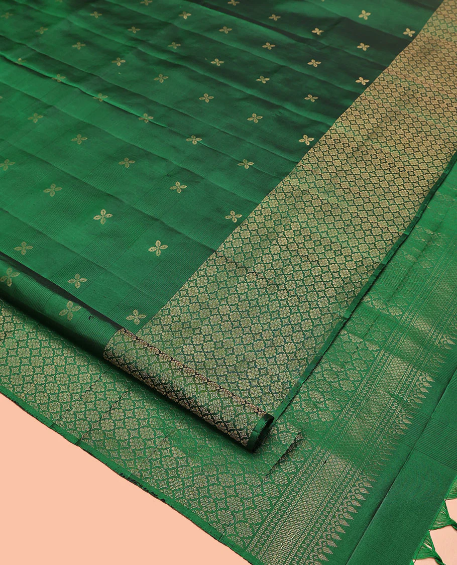 Green Mayuri Soft Silk Saree, Embellished with Zari Buttas All Over Its Body, Highlighted by Zari Border of Kamalam Designs, Pallu of Intricate Designs, and Paired with a Matching Blouse - Image 2