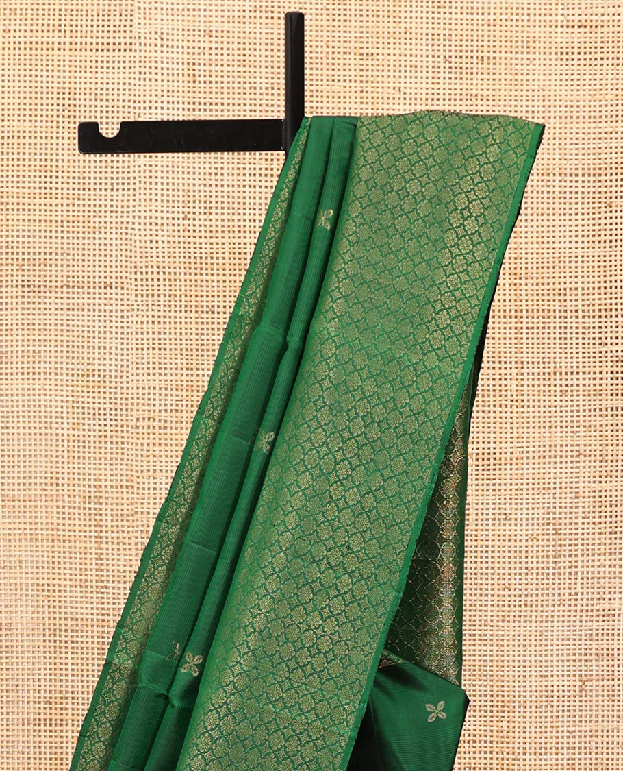 Green Mayuri Soft Silk Saree, Embellished with Zari Buttas All Over Its Body, Highlighted by Zari Border of Kamalam Designs, Pallu of Intricate Designs, and Paired with a Matching Blouse - Image 3
