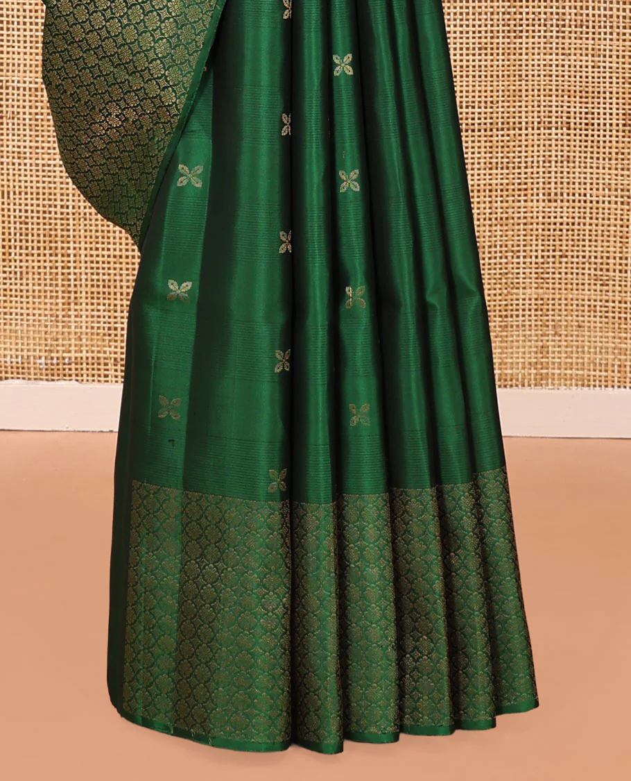 Green Mayuri Soft Silk Saree, Embellished with Zari Buttas All Over Its Body, Highlighted by Zari Border of Kamalam Designs, Pallu of Intricate Designs, and Paired with a Matching Blouse - Image 4