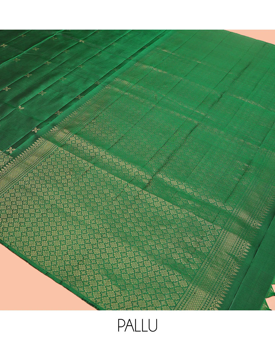 Green Mayuri Soft Silk Saree, Embellished with Zari Buttas All Over Its Body, Highlighted by Zari Border of Kamalam Designs, Pallu of Intricate Designs, and Paired with a Matching Blouse - Image 5