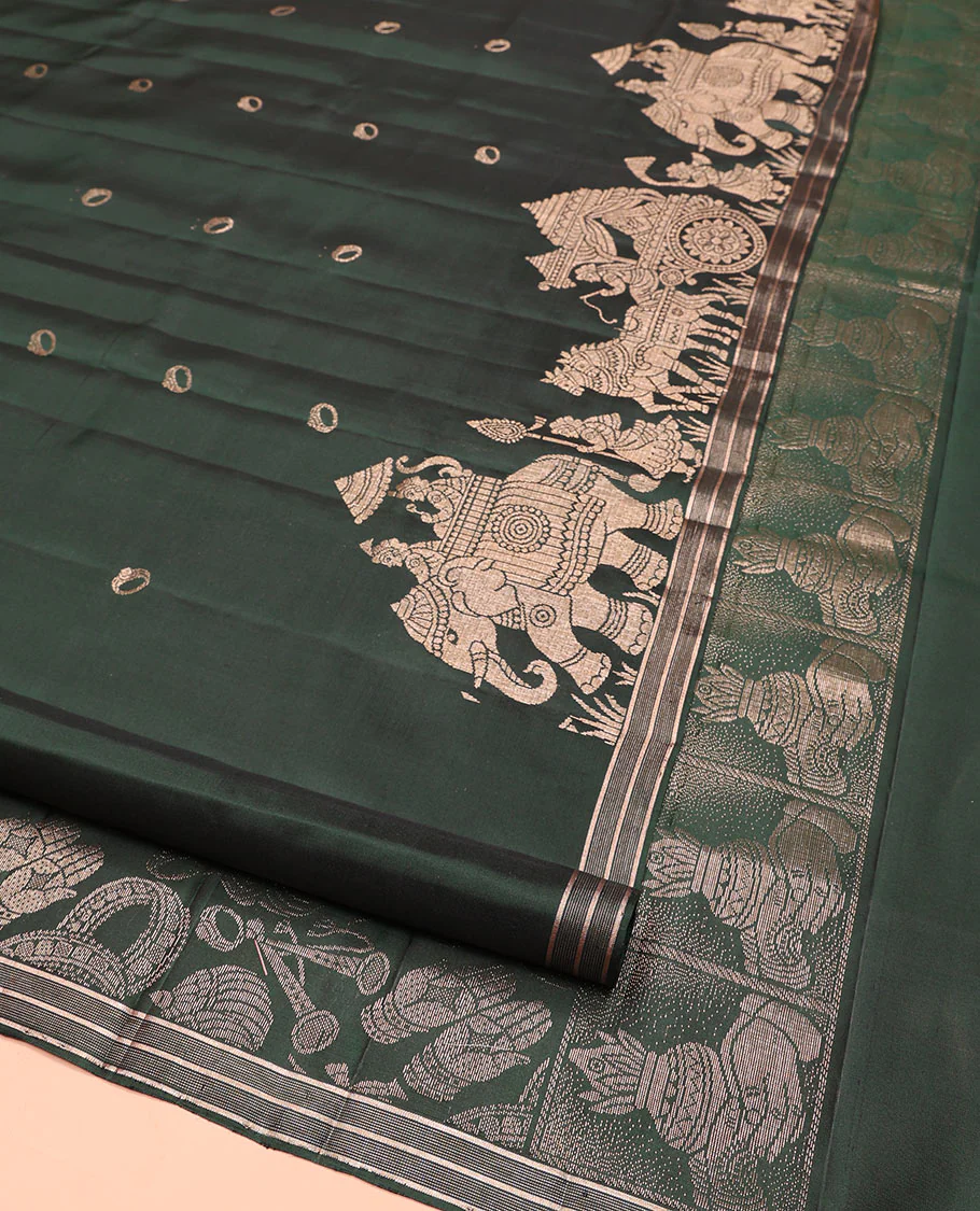 Green Mayuri Soft Silk Saree, Richly Detailed with Ring Buttas All Over Its Body, Highlighted by a Zari Border of Wedding-Style Bride and Groom Motifs Weave, Sparsely Woven Pallu with Wedding-Related Motifs, and Paired with a Matching Blouse - Image 3