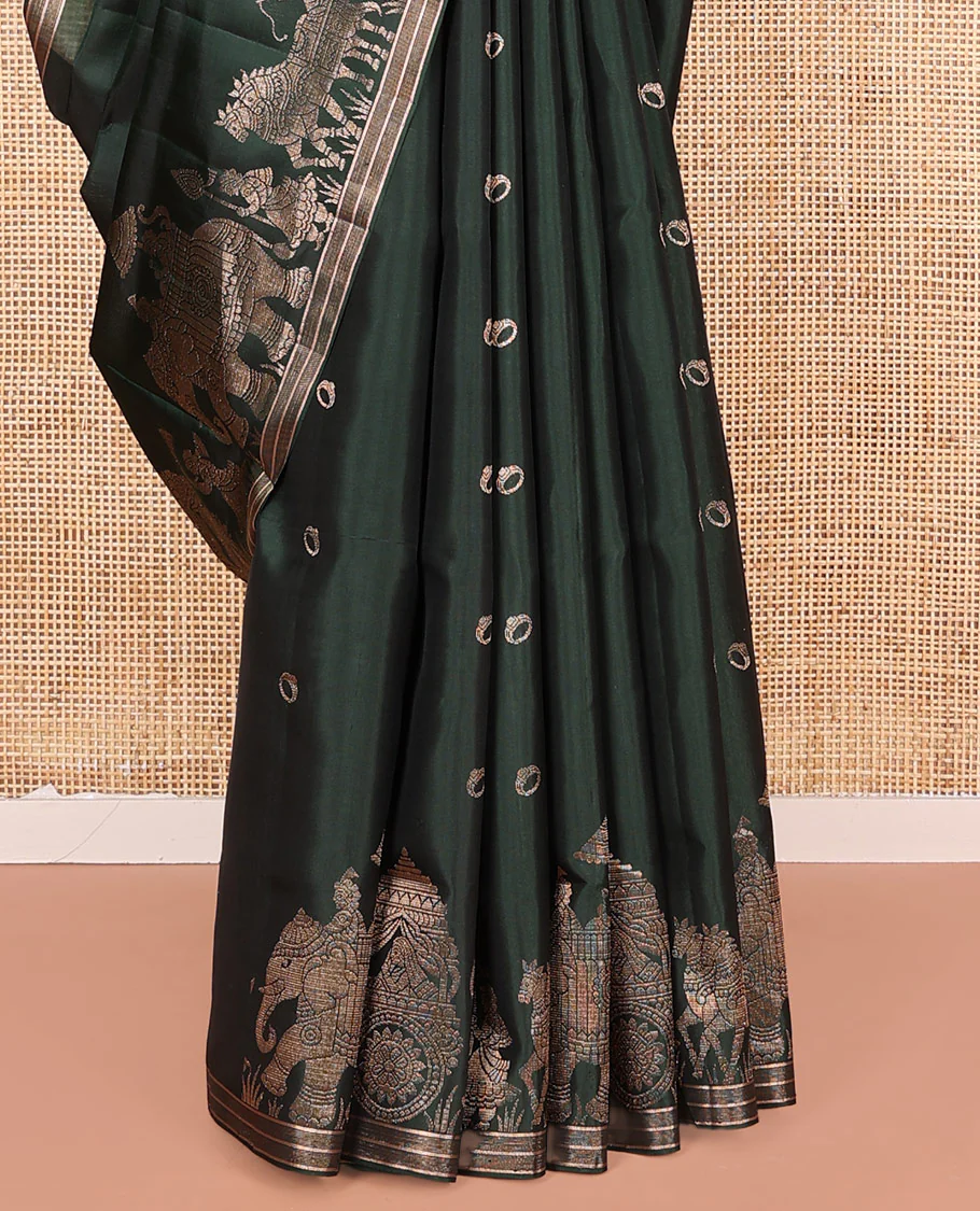 Green Mayuri Soft Silk Saree, Richly Detailed with Ring Buttas All Over Its Body, Highlighted by a Zari Border of Wedding-Style Bride and Groom Motifs Weave, Sparsely Woven Pallu with Wedding-Related Motifs, and Paired with a Matching Blouse - Image 4