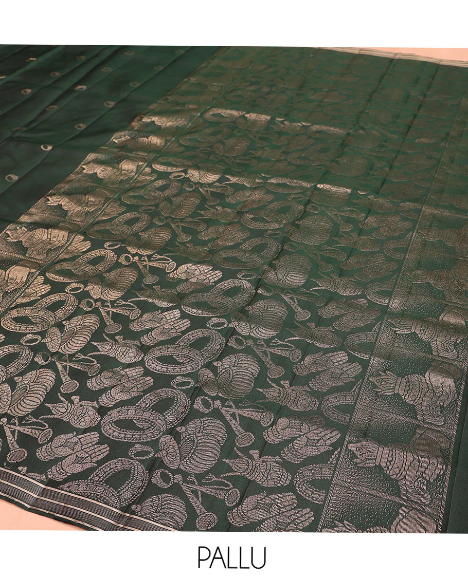 Green Mayuri Soft Silk Saree, Richly Detailed with Ring Buttas All Over Its Body, Highlighted by a Zari Border of Wedding-Style Bride and Groom Motifs Weave, Sparsely Woven Pallu with Wedding-Related Motifs, and Paired with a Matching Blouse - Image 5