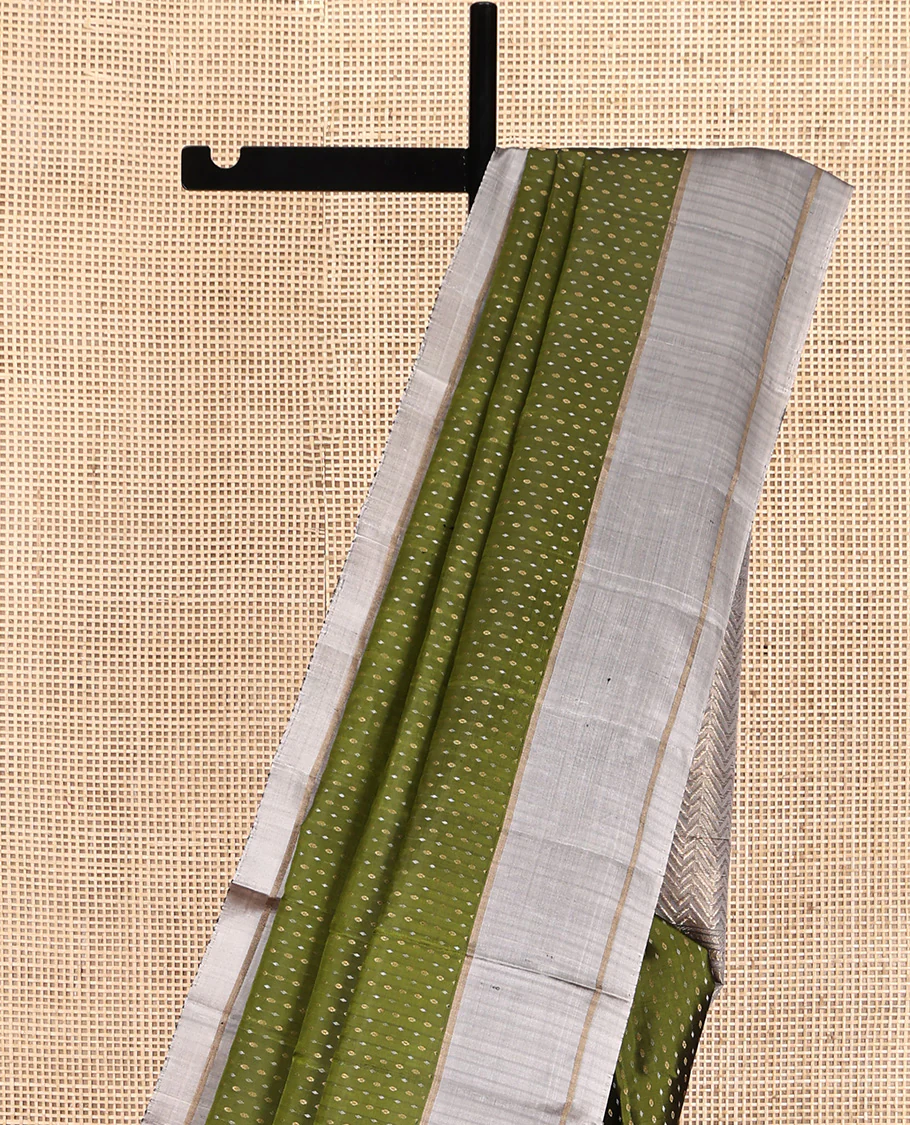 Green Mayuri Soft Silk Saree, Steeped with Buttas All Over Its Body, Complemented by Contrast Border, Pallu of Chevron Stripes, and Paired with a Contrast Blouse - Image 3