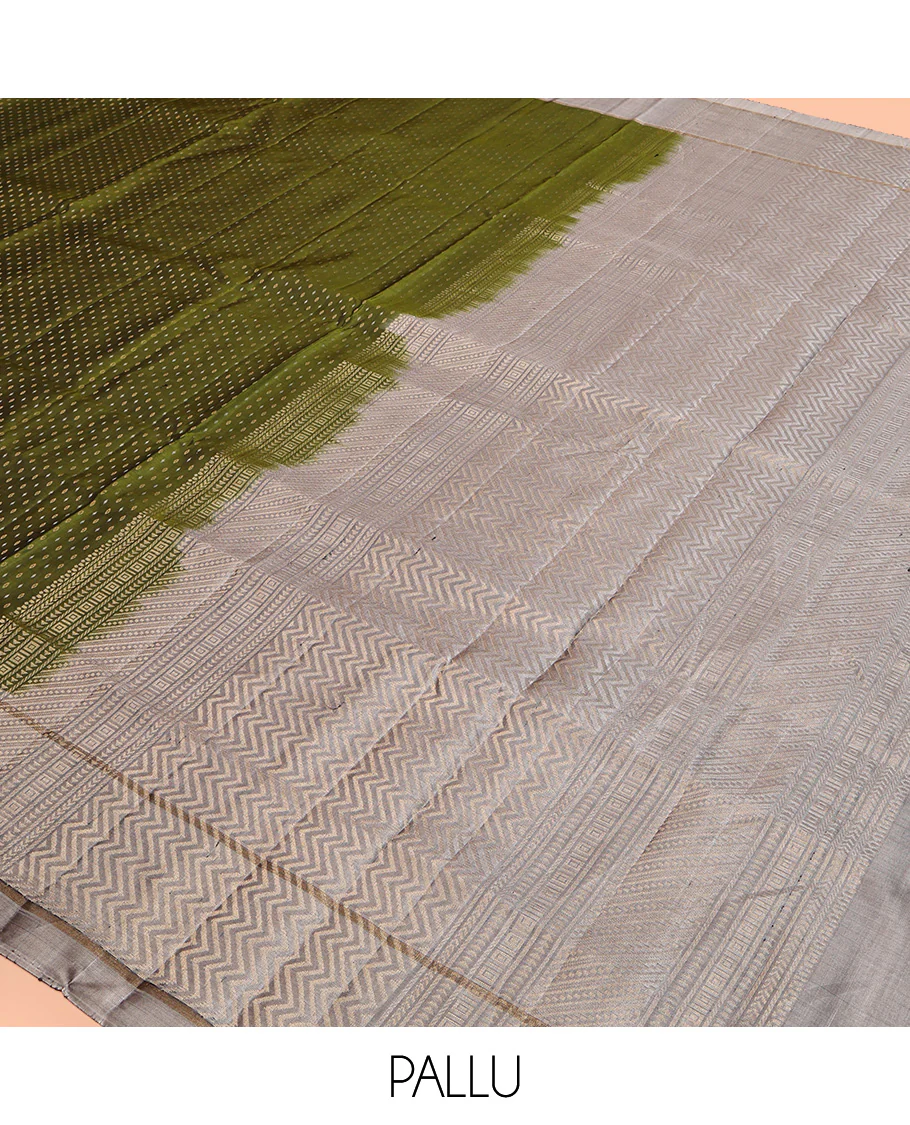 Green Mayuri Soft Silk Saree, Steeped with Buttas All Over Its Body, Complemented by Contrast Border, Pallu of Chevron Stripes, and Paired with a Contrast Blouse - Image 5
