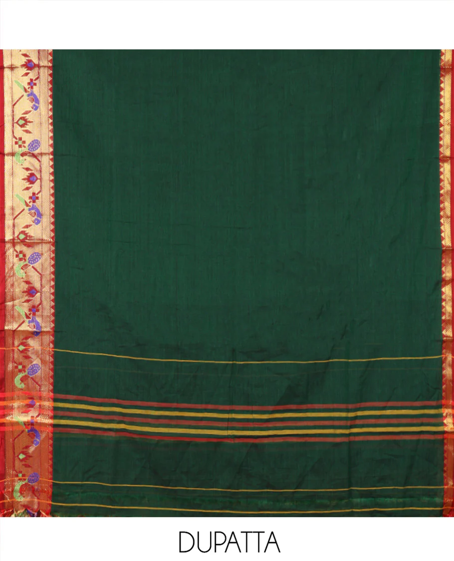 Green Mercerised Cotton Material Chudidar Set, Adorned with Paithani Bordered Top, a Mercerised Cotton Bottom, and Paired with a Matching Mercerised Cotton Paithani Bordered Dupatta - Image 2